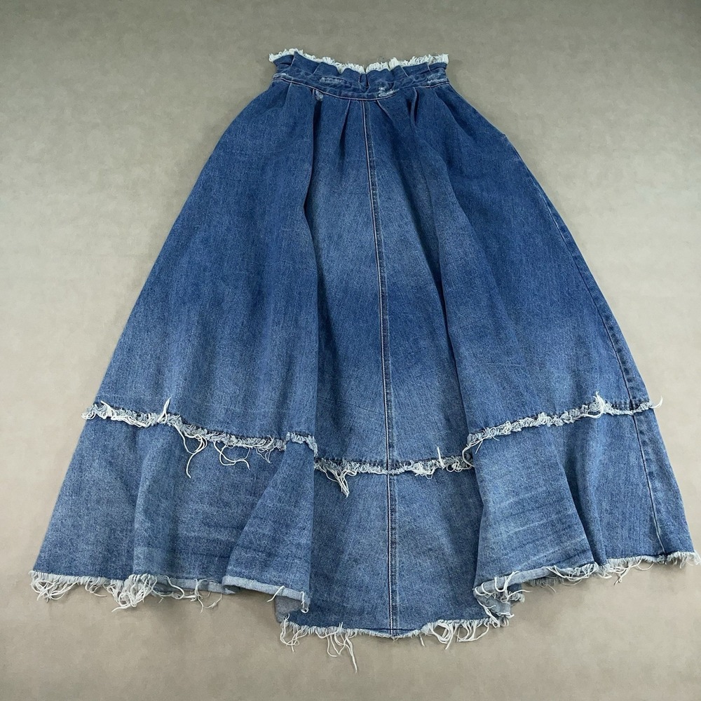 Double D Ranchwear Denim Tiered Prairie Skirt Women's 6 Western Boho Frayed Hem - Picture 2 of 11